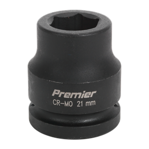 A black 21mm CR-MO impact socket, branded as Sealey's "Impact Socket 21mm 3/4"Sq Drive - IS3421," is perfect for use with air impact wrenches.