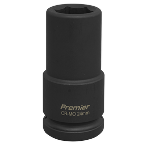 A black 24mm impact socket with "Sealey IS3424D" in silver text on its body, perfect for use with air impact wrenches.