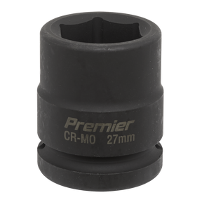 A black, cylindrical impact socket from Sealey with "Impact Socket 27mm 3/4\"Sq Drive - IS3427" inscribed on the side, designed for use with air impact wrenches.