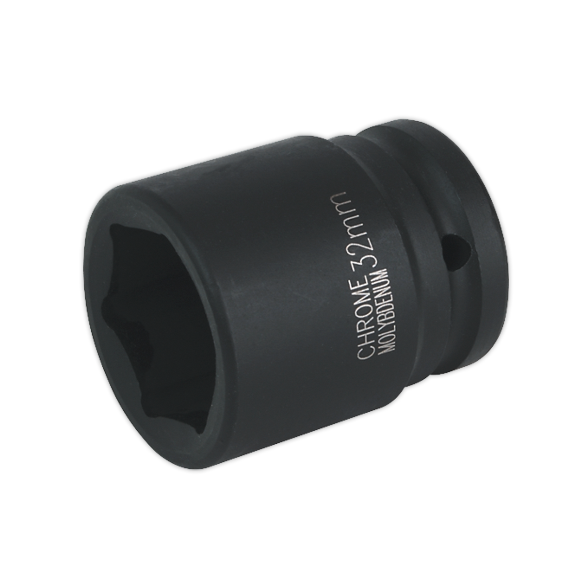 The Sealey Impact Socket 32mm 3/4"Sq Drive (IS3432) is a black, cylindrical chrome socket with "CHROME 32mm NICKEL-CHROMIUM" engraved on its side, designed for use with air impact wrenches. This premier hand tool delivers exceptional durability and precision.