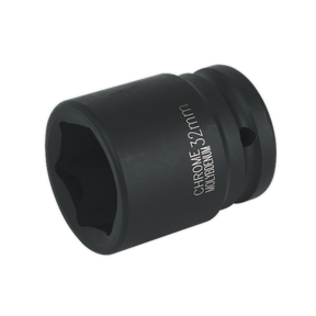The Sealey Impact Socket 32mm 3/4"Sq Drive (IS3432) is a black, cylindrical chrome socket with "CHROME 32mm NICKEL-CHROMIUM" engraved on its side, designed for use with air impact wrenches. This premier hand tool delivers exceptional durability and precision.