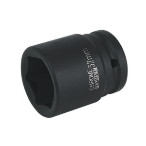 The Sealey Impact Socket 32mm 3/4"Sq Drive (IS3432) is a black, cylindrical chrome socket with "CHROME 32mm NICKEL-CHROMIUM" engraved on its side, designed for use with air impact wrenches. This premier hand tool delivers exceptional durability and precision.