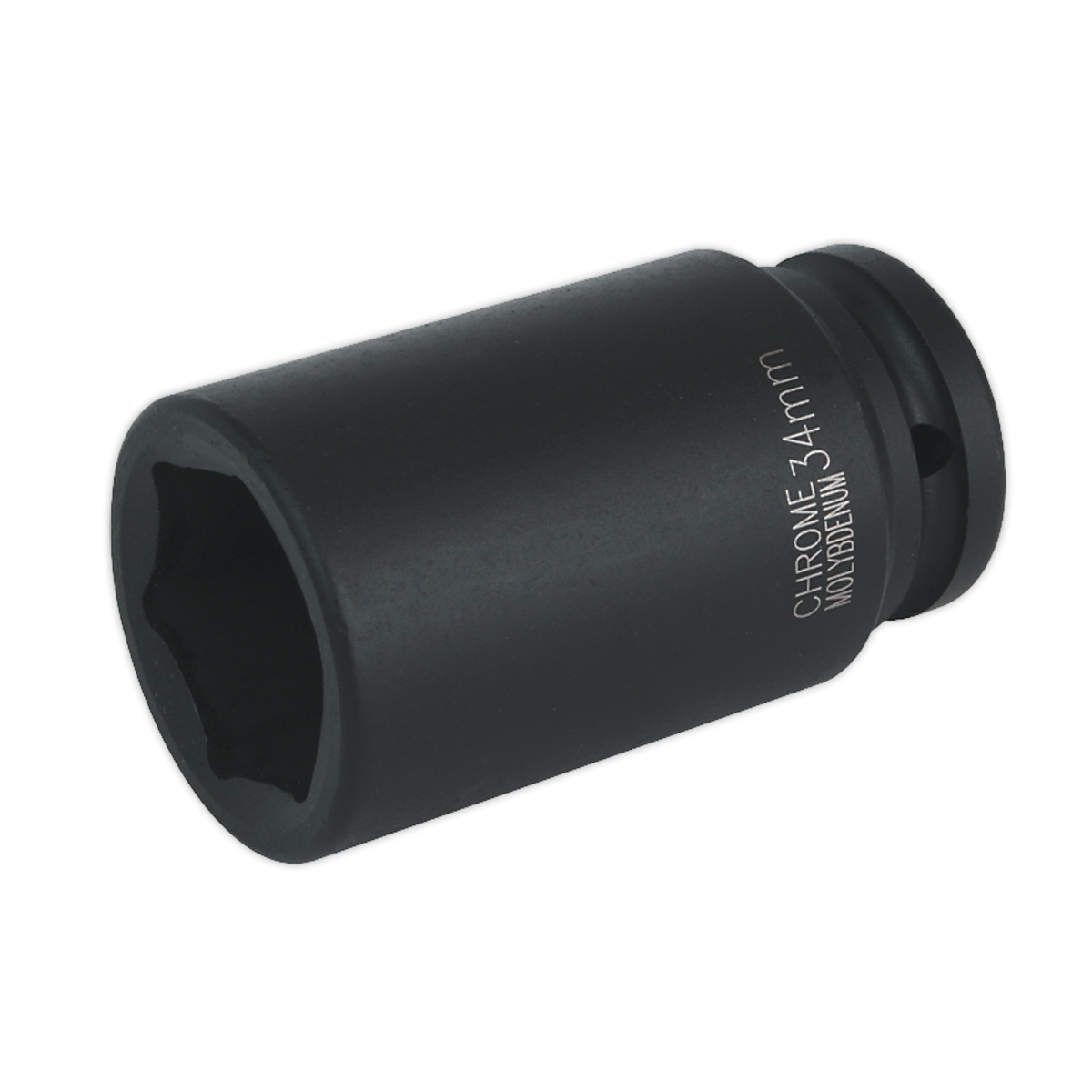 The Impact Socket 34mm Deep 3/4"Sq Drive - IS3434D by Sealey is a black cromoly impact socket with a six-point design, ideal for mechanical work and perfect for use with air impact wrenches. Premier Hand Tools quality ensures durability and reliability.