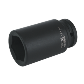 The Impact Socket 34mm Deep 3/4"Sq Drive - IS3434D by Sealey is a black cromoly impact socket with a six-point design, ideal for mechanical work and perfect for use with air impact wrenches. Premier Hand Tools quality ensures durability and reliability.