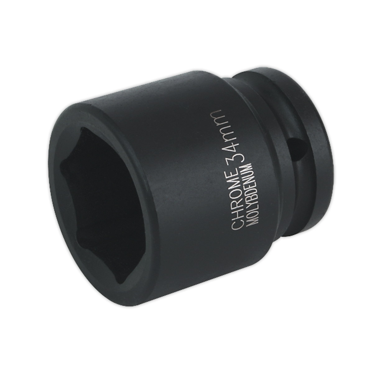 The Sealey Impact Socket 34mm 3/4"Sq Drive - IS3434 is a black chrome molybdenum WallDrive tool featuring engraved text for size and material, making it ideal for use with air impact wrenches.