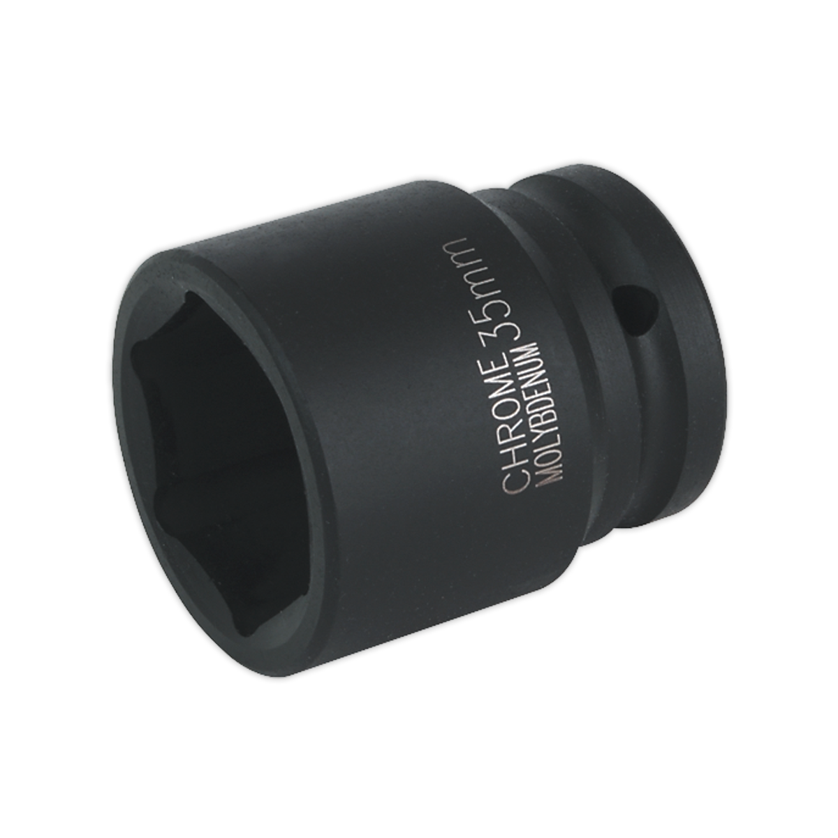 The Sealey Impact Socket 35mm 3/4"Sq Drive - IS3435 is a premium black chrome molybdenum socket featuring a hexagonal opening and a side hole for easy attachment, perfect for use with air impact wrenches.