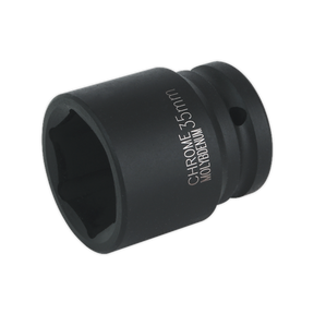 The Sealey Impact Socket 35mm 3/4"Sq Drive - IS3435 is a premium black chrome molybdenum socket featuring a hexagonal opening and a side hole for easy attachment, perfect for use with air impact wrenches.