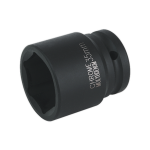 The Sealey Impact Socket 35mm 3/4"Sq Drive - IS3435 is a premium black chrome molybdenum socket featuring a hexagonal opening and a side hole for easy attachment, perfect for use with air impact wrenches.