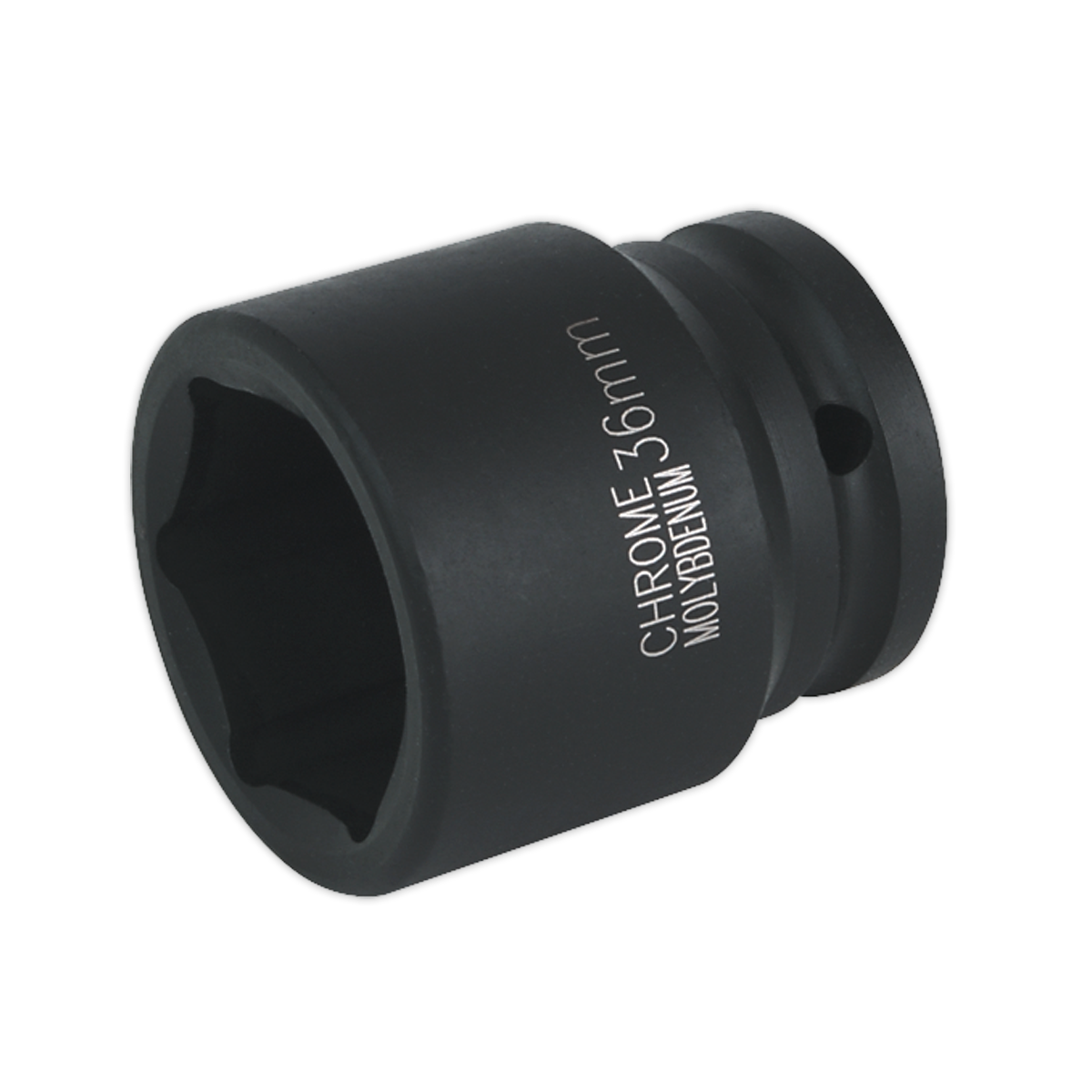 The Sealey Impact Socket 36mm 3/4"Sq Drive - IS3436 is a black, chrome molybdenum WallDrive® impact socket tool designed for use with air impact wrenches. It features interior grooves and external text labeling.