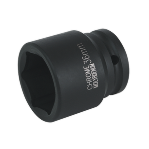 The Sealey Impact Socket 36mm 3/4"Sq Drive - IS3436 is a black, chrome molybdenum WallDrive® impact socket tool designed for use with air impact wrenches. It features interior grooves and external text labeling.