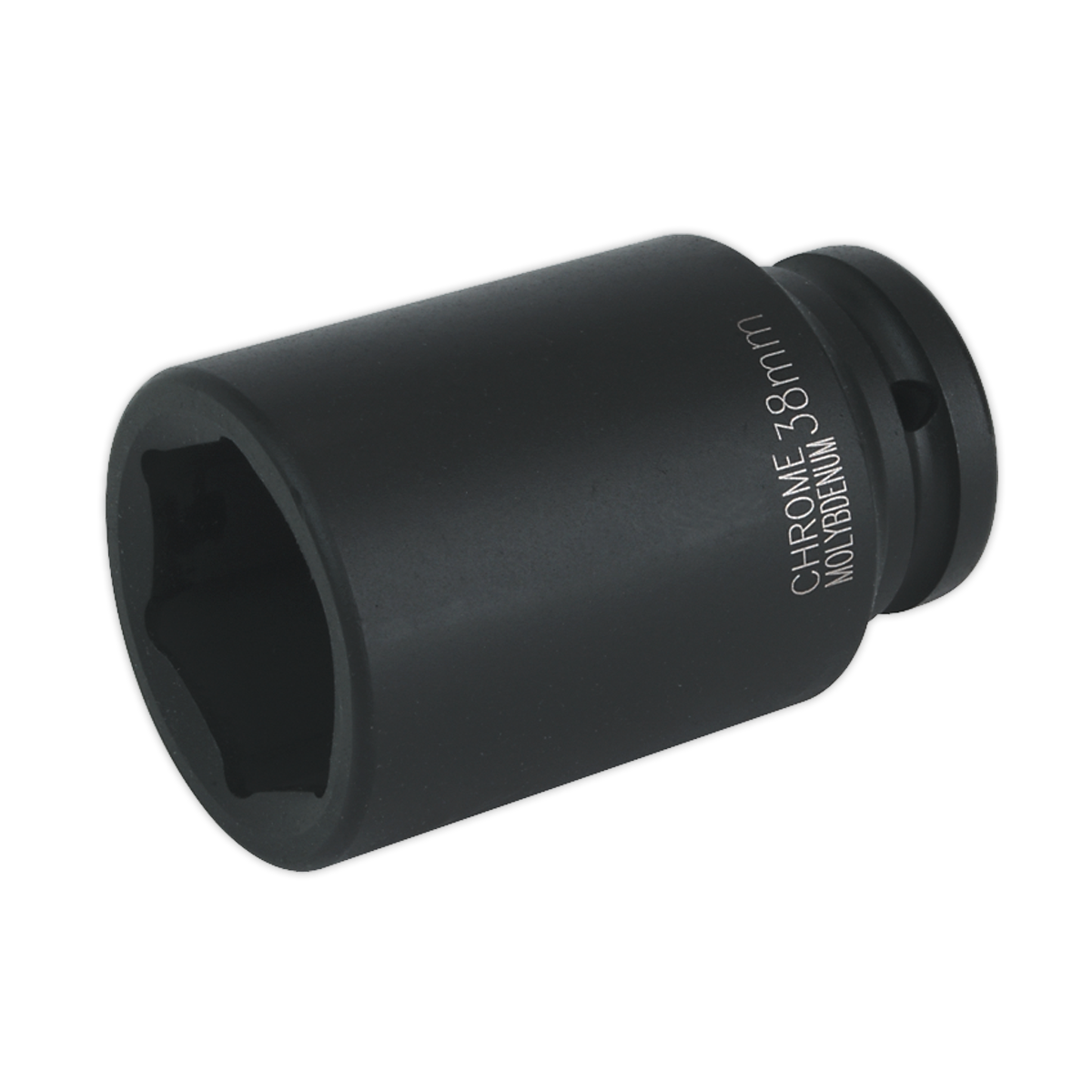 The Sealey Impact Socket 38mm Deep 3/4"Sq Drive - IS3438D, a black chrome molybdenum socket engraved with "CHROME 38mm MOLYBDENUM," is perfect for use with air impact wrenches and makes an ideal addition to any hand tools collection.