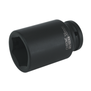 The Sealey Impact Socket 38mm Deep 3/4"Sq Drive - IS3438D, a black chrome molybdenum socket engraved with "CHROME 38mm MOLYBDENUM," is perfect for use with air impact wrenches and makes an ideal addition to any hand tools collection.