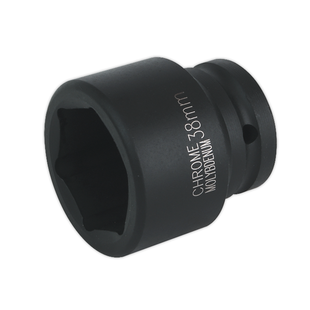 The Sealey Impact Socket 38mm 3/4"Sq Drive - IS3438, a black chrome molybdenum cylindrical socket with a hollow center, is ideal for use with air impact wrenches.