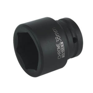 The Sealey Impact Socket 38mm 3/4"Sq Drive - IS3438, a black chrome molybdenum cylindrical socket with a hollow center, is ideal for use with air impact wrenches.