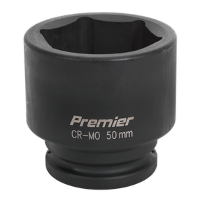 Close-up image of a black 50 mm Impact Socket 3/4"Sq Drive - IS3450, used for tightening and loosening nuts and bolts. This premium tool from Sealey boasts excellent corrosion resistance, ensuring durability and long-lasting performance.