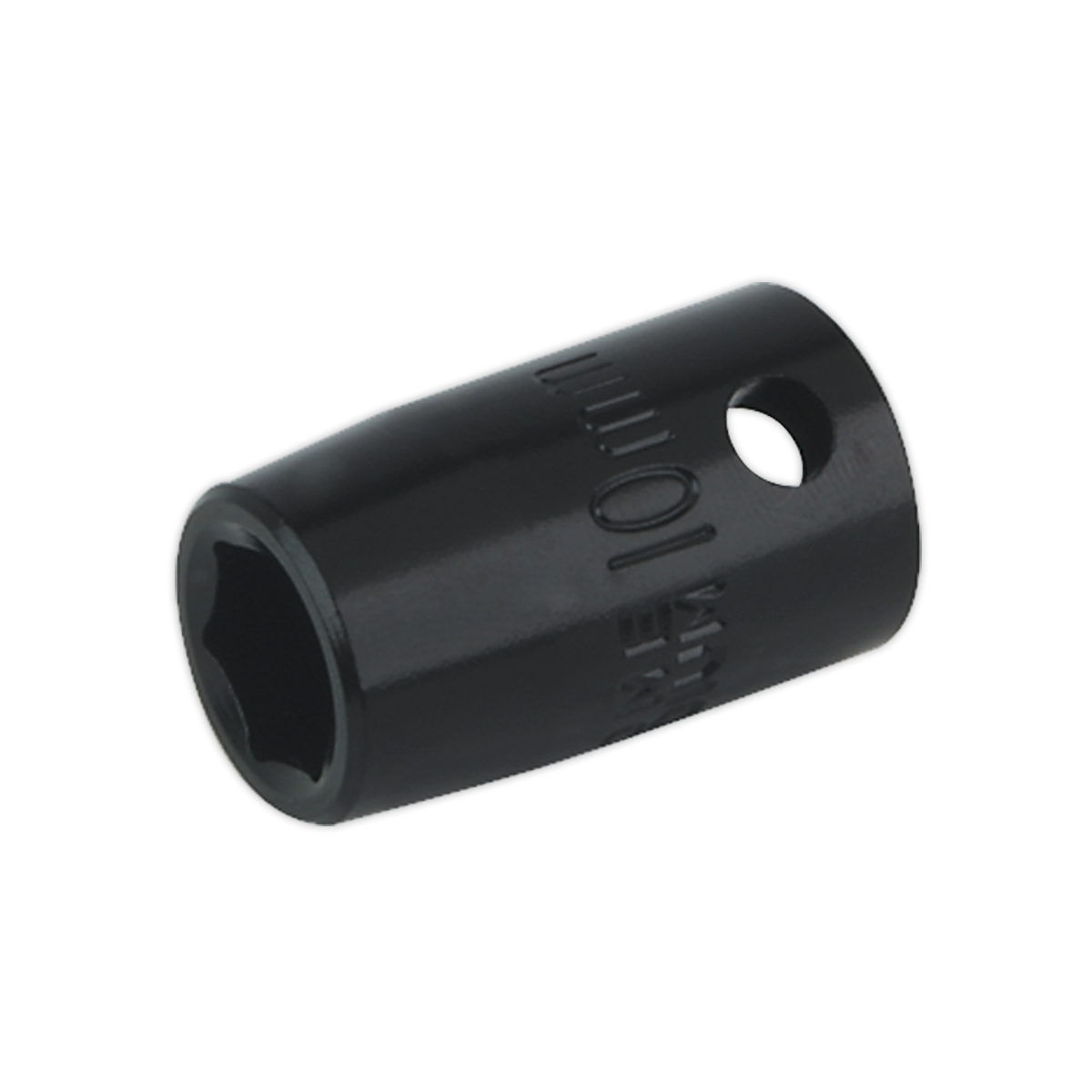 Image of a Sealey Impact Socket 10mm 3/8"Sq Drive (IS3810) with a hexagonal opening and side hole, ideal for tightening or loosening nuts and bolts. Suitable for use with air impact wrenches.