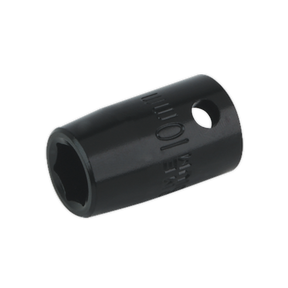 Image of a Sealey Impact Socket 10mm 3/8"Sq Drive (IS3810) with a hexagonal opening and side hole, ideal for tightening or loosening nuts and bolts. Suitable for use with air impact wrenches.