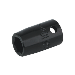 Image of a Sealey Impact Socket 10mm 3/8"Sq Drive (IS3810) with a hexagonal opening and side hole, ideal for tightening or loosening nuts and bolts. Suitable for use with air impact wrenches.