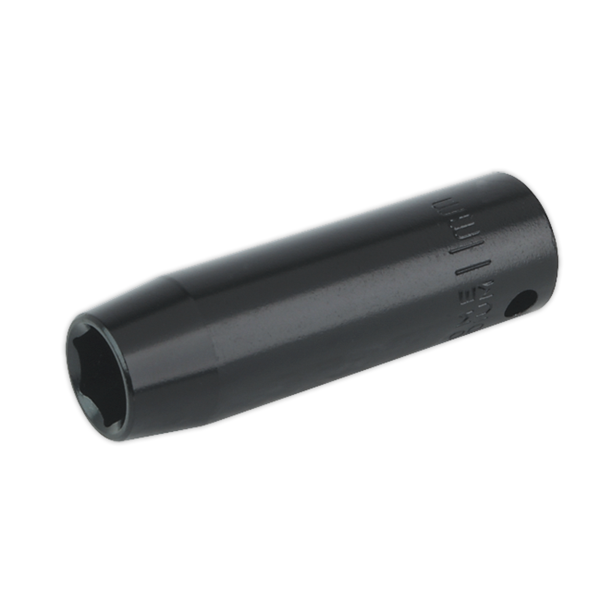 The Sealey Impact Socket 11mm Deep 3/8"Sq Drive - IS3811D is a black, cylindrical deep socket featuring a hexagonal interior, crafted from durable Chrome Vanadium and marked with measurements on its side, making it ideal for use with air impact wrenches.