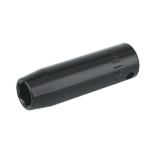 The Sealey Impact Socket 11mm Deep 3/8"Sq Drive - IS3811D is a black, cylindrical deep socket featuring a hexagonal interior, crafted from durable Chrome Vanadium and marked with measurements on its side, making it ideal for use with air impact wrenches.