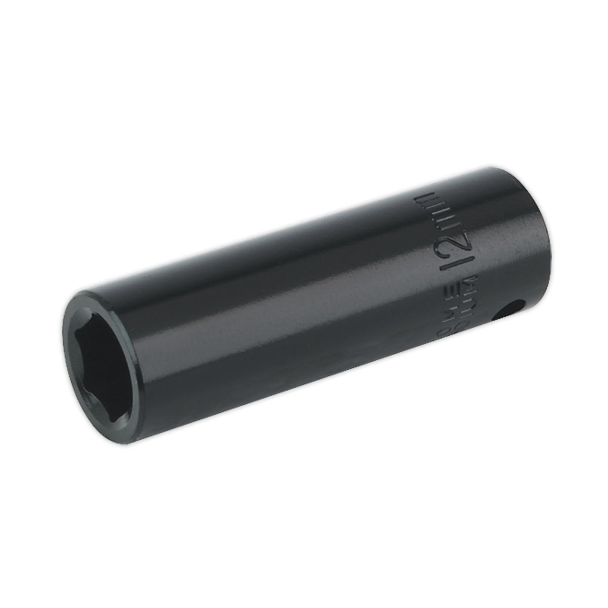 The Sealey Impact Socket 12mm Deep 3/8"Sq Drive - IS3812D is a six-point tool made from durable chrome vanadium black metal, perfect for tightening or loosening nuts and bolts and ideal for any Premier Hand Tools collection.