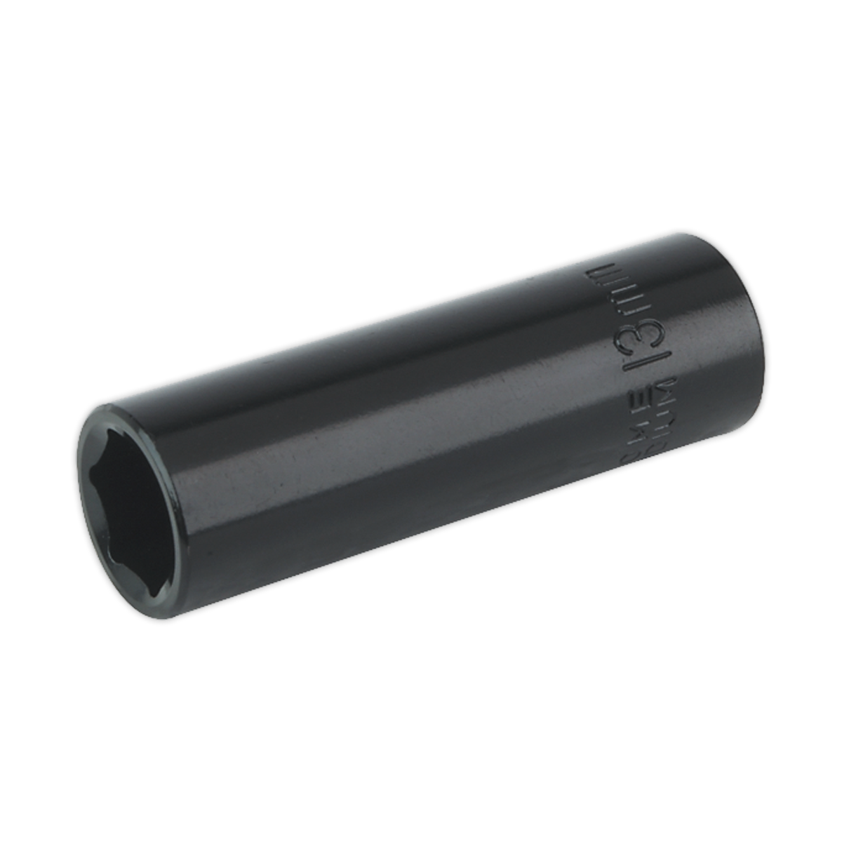 A black 13mm deep WallDrive impact socket from Sealey, specifically the Impact Socket 13mm Deep 3/8"Sq Drive - IS3813D, designed for mechanical use with air impact wrenches, is shown against a plain white background.