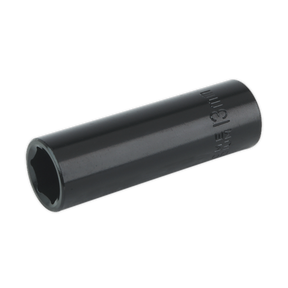 A black 13mm deep WallDrive impact socket from Sealey, specifically the Impact Socket 13mm Deep 3/8"Sq Drive - IS3813D, designed for mechanical use with air impact wrenches, is shown against a plain white background.