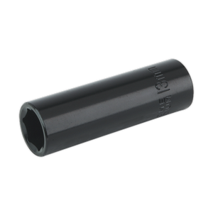 A black 13mm deep WallDrive impact socket from Sealey, specifically the Impact Socket 13mm Deep 3/8"Sq Drive - IS3813D, designed for mechanical use with air impact wrenches, is shown against a plain white background.