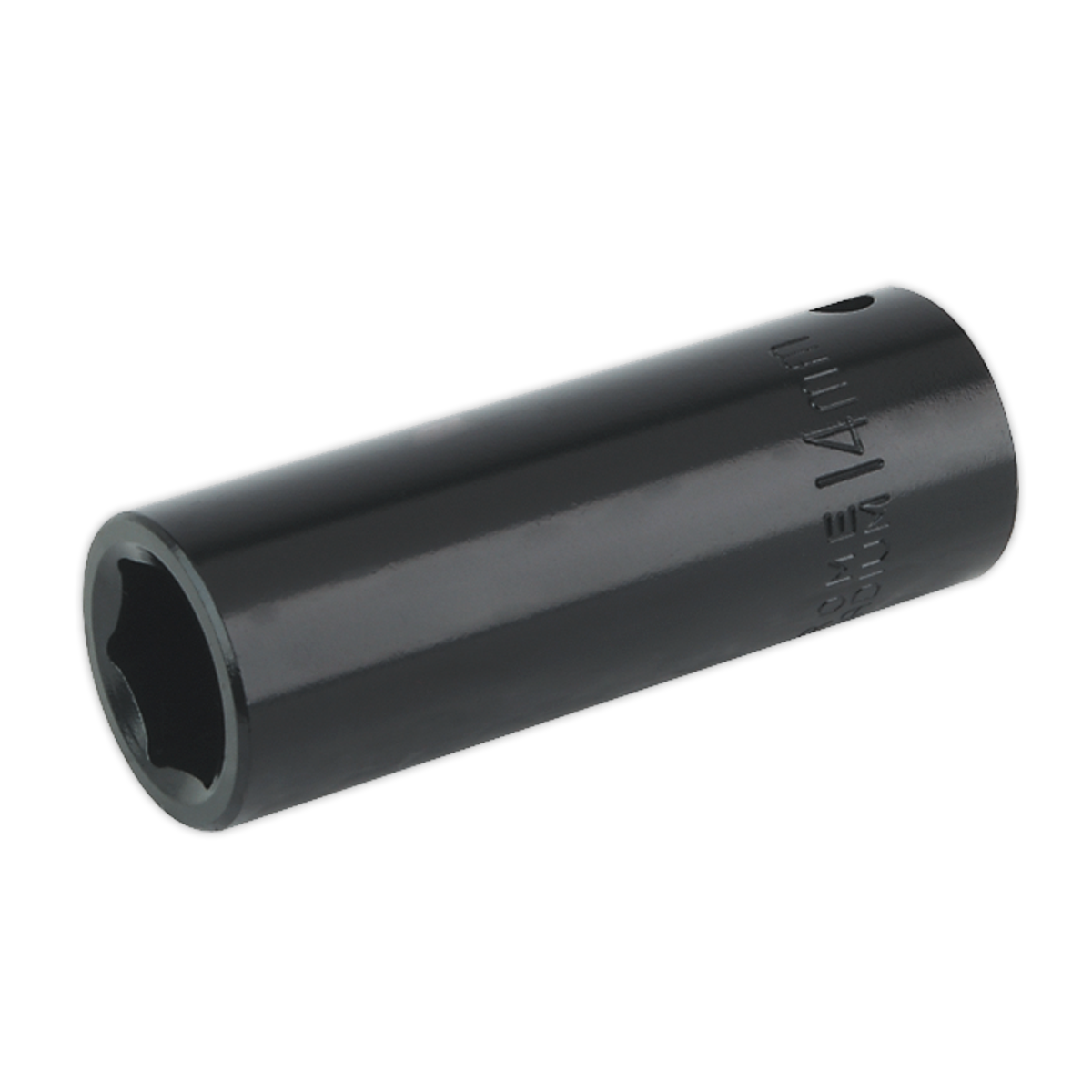 The Sealey Impact Socket 14mm Deep 3/8"Sq Drive - IS3814D is a dark-colored deep impact socket wrench, featuring "14 mm" engraved on the side, and is crafted from durable Chrome Vanadium for tightening or loosening nuts and bolts.