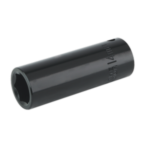 The Sealey Impact Socket 14mm Deep 3/8"Sq Drive - IS3814D is a dark-colored deep impact socket wrench, featuring "14 mm" engraved on the side, and is crafted from durable Chrome Vanadium for tightening or loosening nuts and bolts.