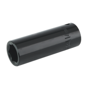 The Sealey Impact Socket 14mm Deep 3/8"Sq Drive - IS3814D is a dark-colored deep impact socket wrench, featuring "14 mm" engraved on the side, and is crafted from durable Chrome Vanadium for tightening or loosening nuts and bolts.