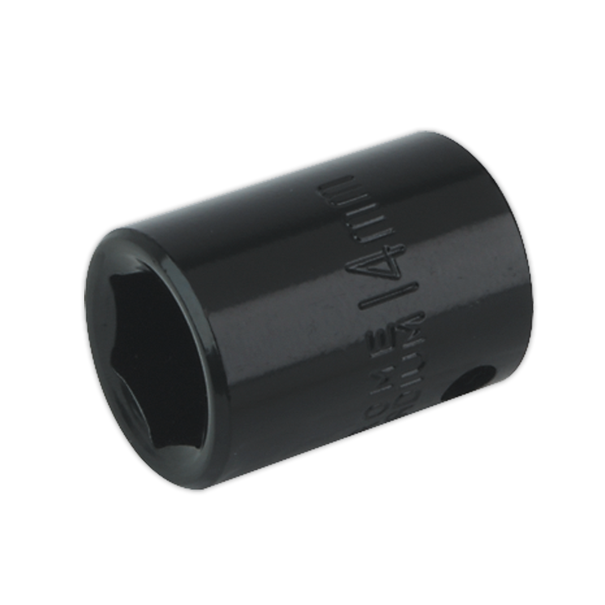 Close-up of a 14mm black six-point Impact Socket, perfect for use with air impact wrenches. Crafted by Sealey, this WallDrive IS3814 socket ensures reliable performance and durability.