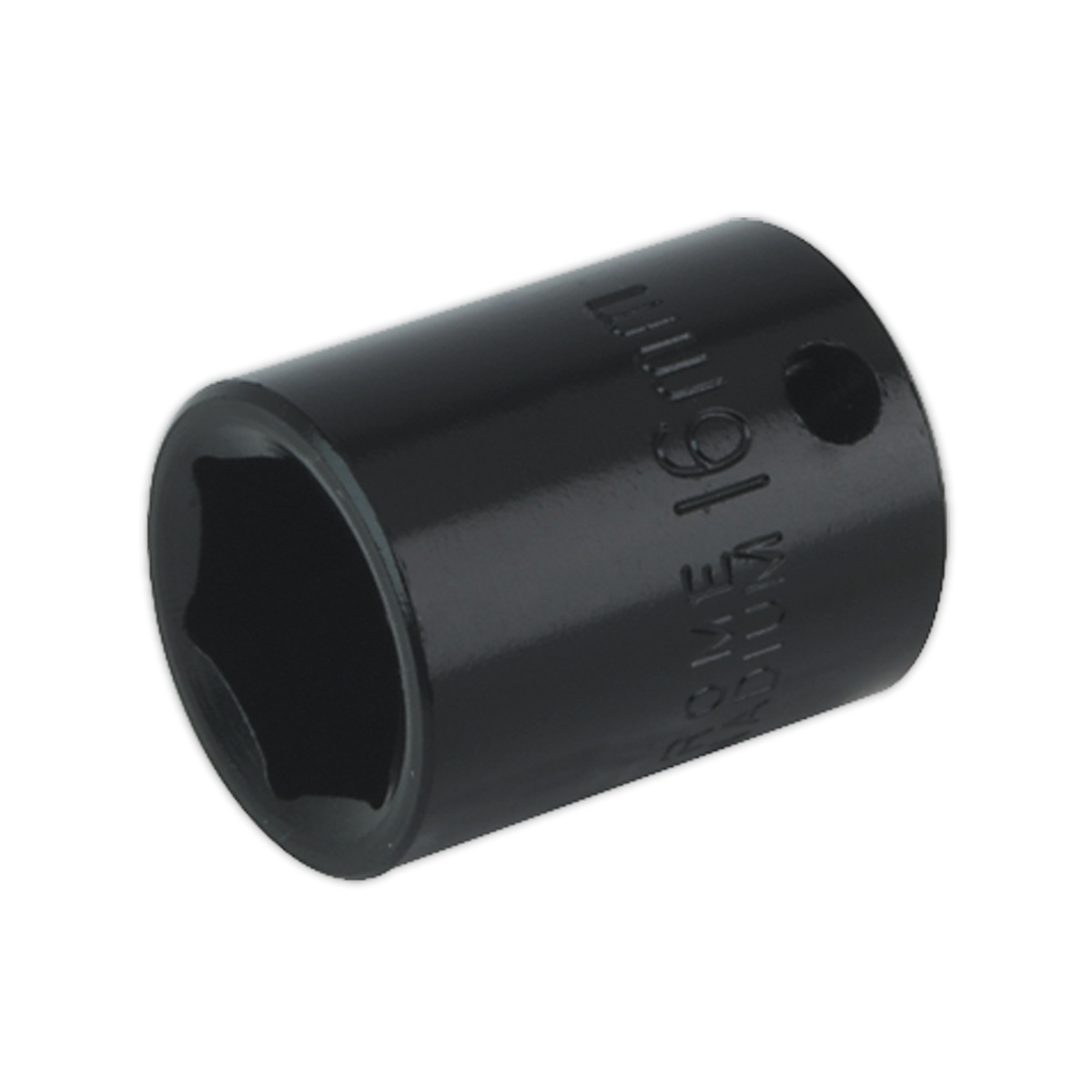 Sealey offers an Impact Socket 16mm 3/8"Sq Drive - IS3816 in black, featuring a knurled exterior, hole for retaining pin, and socket size marked on the side. Ideal for use with air impact wrenches, this durable socket ensures precision and efficiency in your projects.