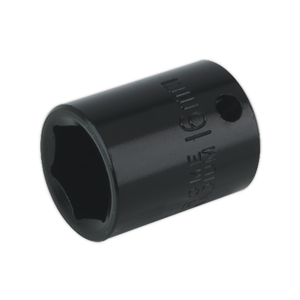 Sealey offers an Impact Socket 16mm 3/8"Sq Drive - IS3816 in black, featuring a knurled exterior, hole for retaining pin, and socket size marked on the side. Ideal for use with air impact wrenches, this durable socket ensures precision and efficiency in your projects.