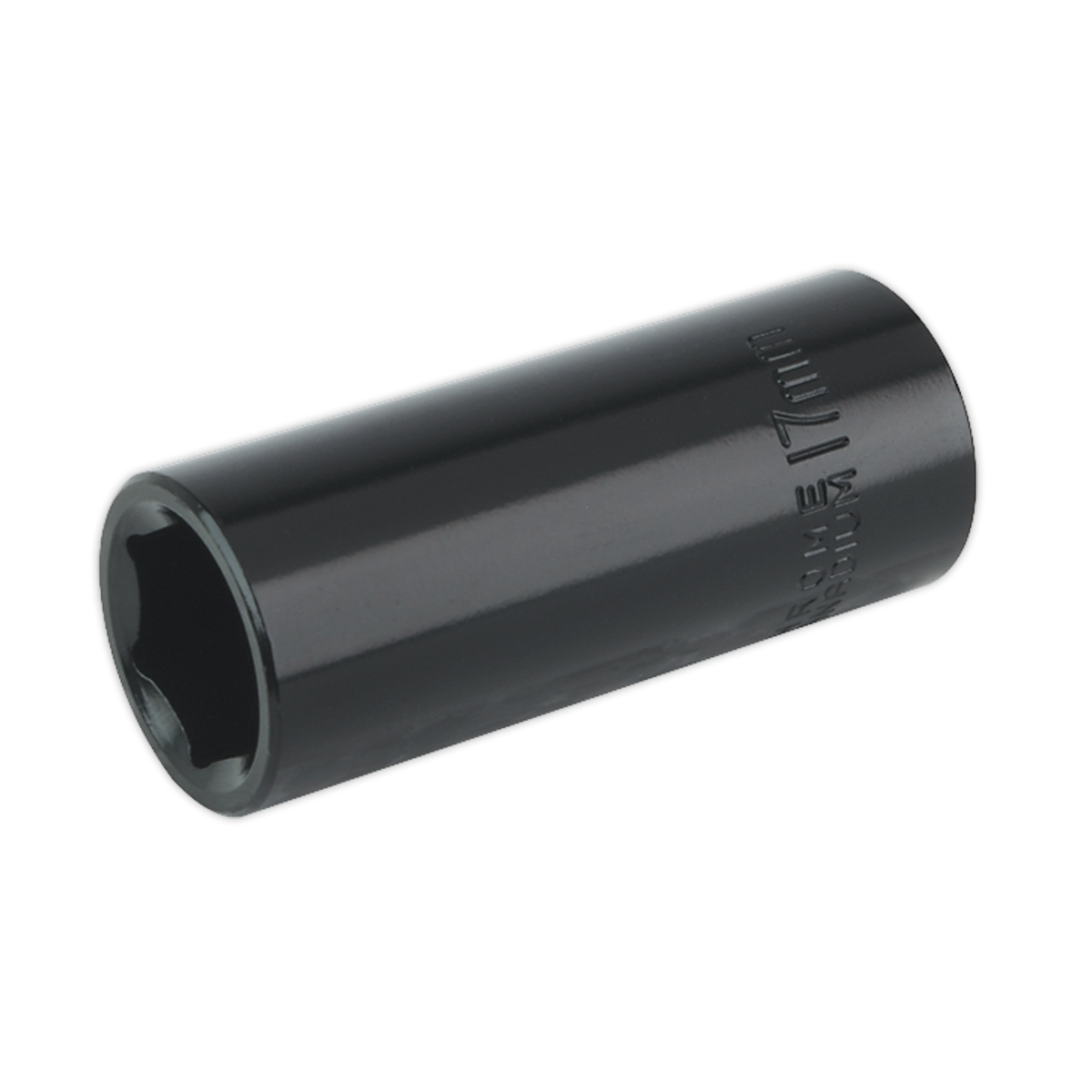 The Sealey Impact Socket 17mm Deep 3/8"Sq Drive - IS3817D, made from durable chrome vanadium metal, features a hexagonal opening and has engraved text on its side.