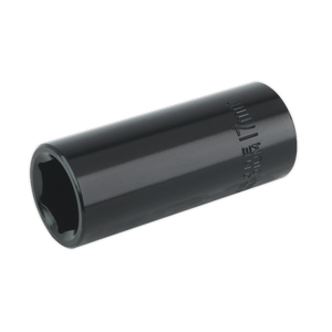 The Sealey Impact Socket 17mm Deep 3/8"Sq Drive - IS3817D, made from durable chrome vanadium metal, features a hexagonal opening and has engraved text on its side.