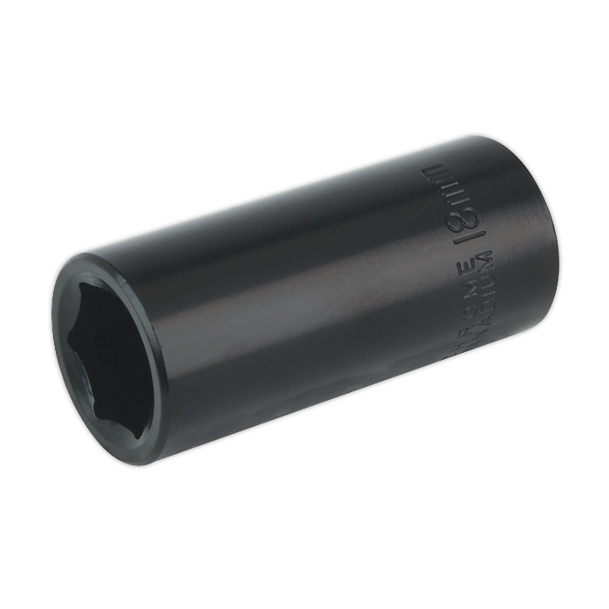 The Sealey Impact Socket 18mm Deep 3/8" Square Drive - IS3818D features a black, hexagonal opening design, making it perfect for use with air impact wrenches. Crafted to Premier Hand Tools quality standards, it ensures durability and reliability.