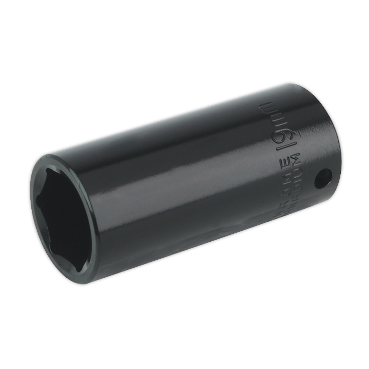 The Sealey Impact Socket 19mm Deep 3/8" Sq Drive - IS3819D, designed for use with ratchets or air impact wrenches, is ideal for tightening or loosening bolts and nuts.