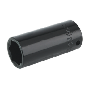 The Sealey Impact Socket 19mm Deep 3/8" Sq Drive - IS3819D, designed for use with ratchets or air impact wrenches, is ideal for tightening or loosening bolts and nuts.