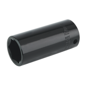 The Sealey Impact Socket 19mm Deep 3/8" Sq Drive - IS3819D, designed for use with ratchets or air impact wrenches, is ideal for tightening or loosening bolts and nuts.