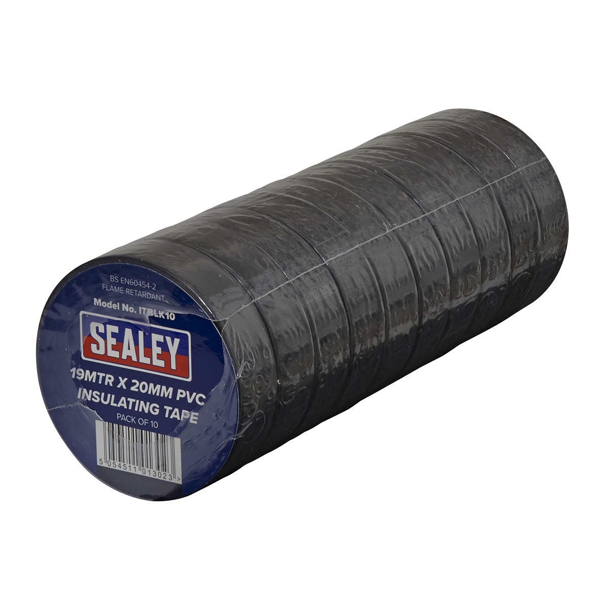 A pack of ten rolls of Sealey PVC Insulating Tape 19mm x 20m - ITBLK10, featuring self-extinguishing properties and RoHS Compliant standards.