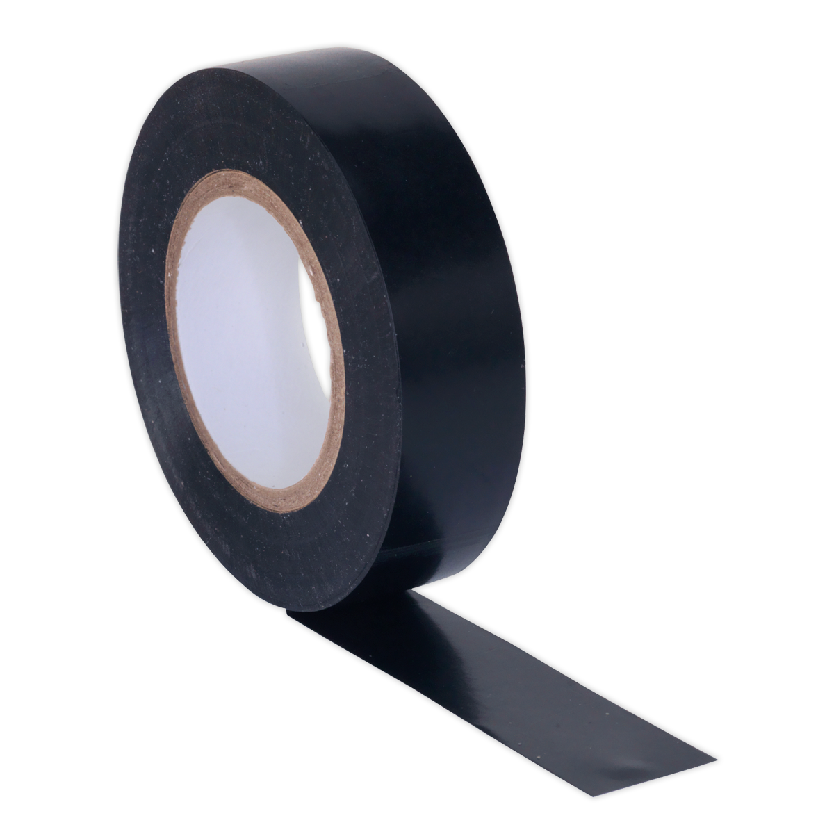 A roll of Sealey's PVC Insulating Tape 19mm x 20m Black Pack of 10 - ITBLK10, which is RoHS compliant and has a partially extended strip.