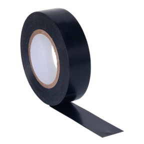 A roll of Sealey's PVC Insulating Tape 19mm x 20m Black Pack of 10 - ITBLK10, which is RoHS compliant and has a partially extended strip.