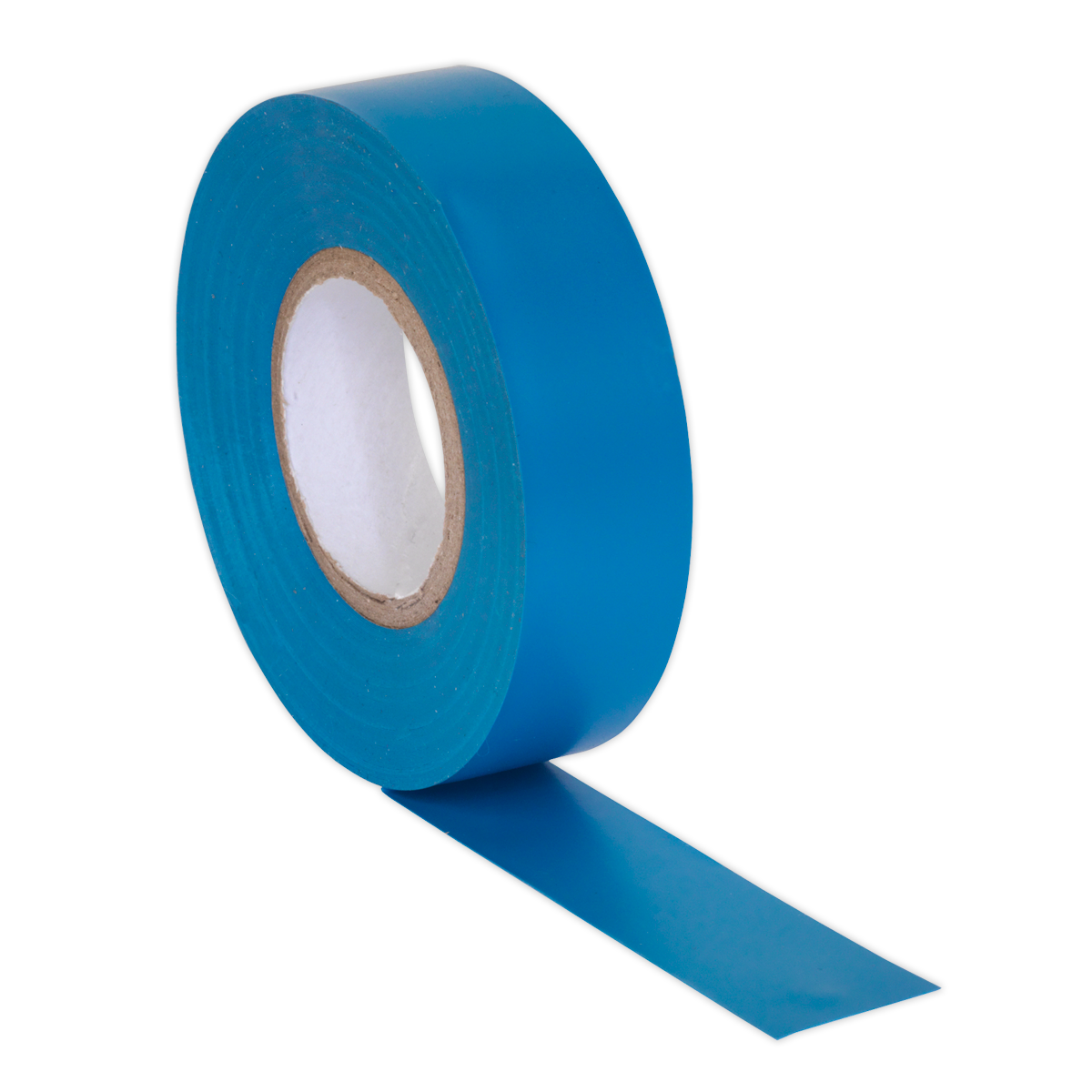 A roll of blue, RoHS Compliant, self-extinguishing adhesive tape from Sealey (PVC Insulating Tape 19mm x 20m Blue Pack of 10 - ITBLU10) partially unrolled with the sticky side down.