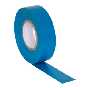 A roll of blue, RoHS Compliant, self-extinguishing adhesive tape from Sealey (PVC Insulating Tape 19mm x 20m Blue Pack of 10 - ITBLU10) partially unrolled with the sticky side down.