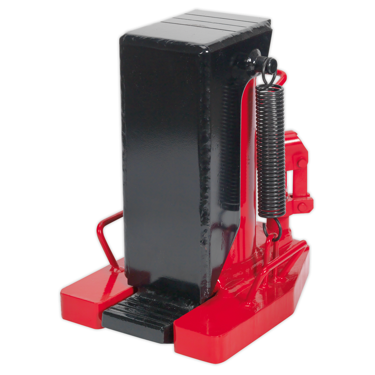 The Sealey Industrial Toe Jack 10/14 Tonne - ITJ10 features a red and black design with a rotating handle, making it perfect for lifting heavy equipment with limited ground clearance.