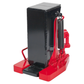 The Sealey Industrial Toe Jack 10/14 Tonne - ITJ10 features a red and black design with a rotating handle, making it perfect for lifting heavy equipment with limited ground clearance.