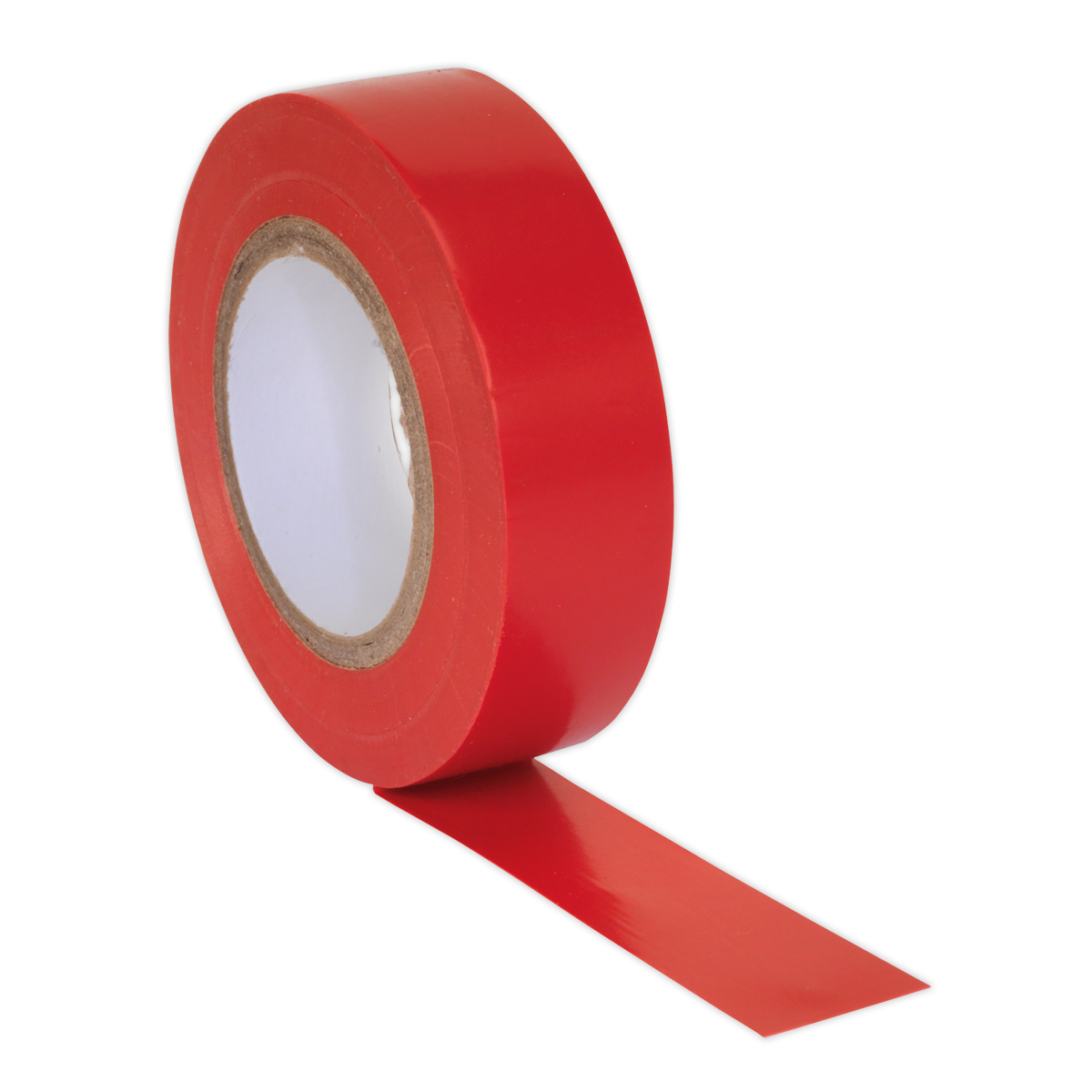 A roll of Sealey PVC Insulating Tape 19mm x 20m in vibrant red, partially unrolled to reveal its sticky side. This pack of 10 RoHS Compliant self-extinguishing tapes is designed for safety and effectiveness, providing reliable insulation with a high temperature rating for various applications.