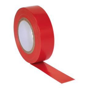 A roll of Sealey PVC Insulating Tape 19mm x 20m in vibrant red, partially unrolled to reveal its sticky side. This pack of 10 RoHS Compliant self-extinguishing tapes is designed for safety and effectiveness, providing reliable insulation with a high temperature rating for various applications.