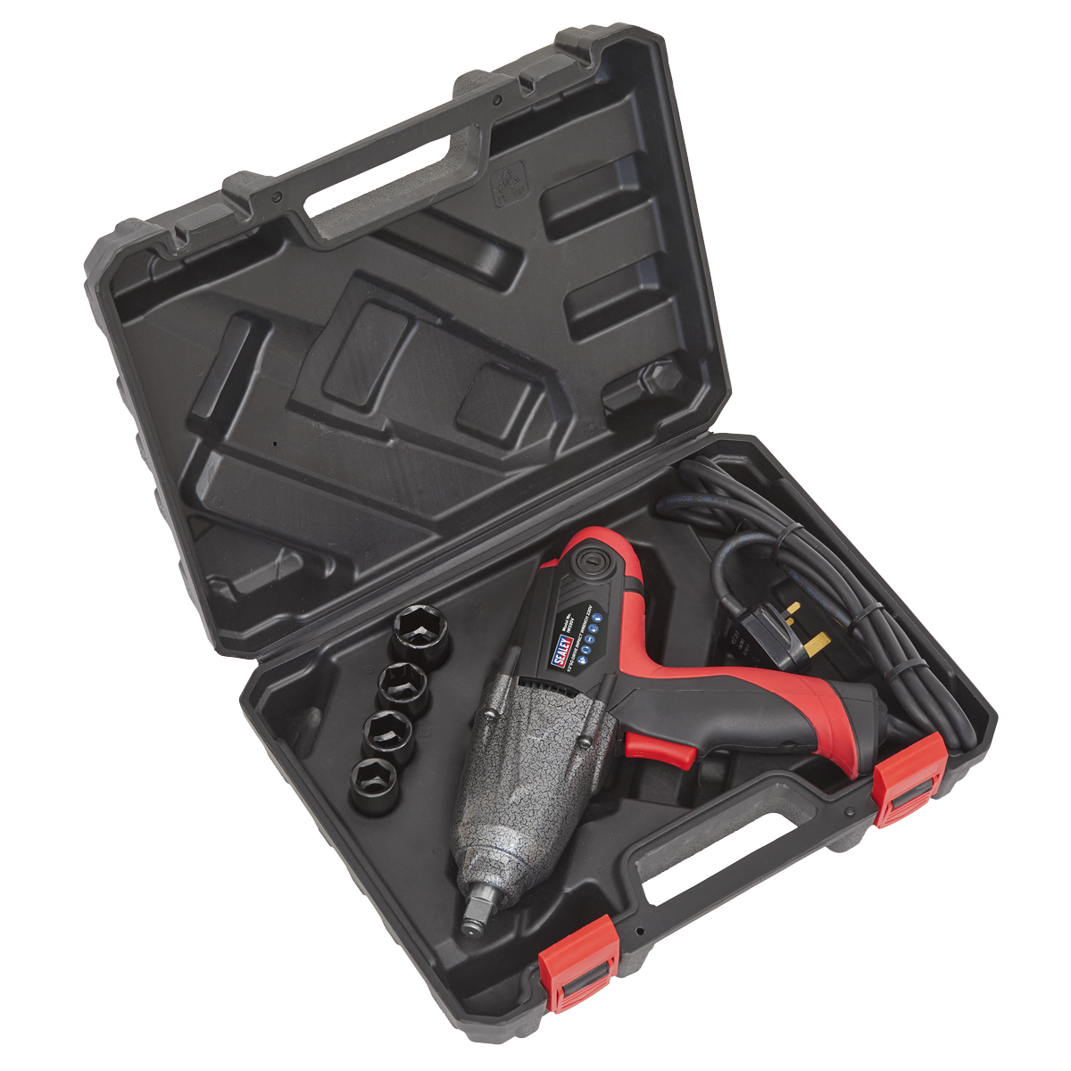 Introducing the Sealey Impact Wrench 1/2" Sq Drive 230V - IW230V, a powerful power tool kit featuring a red and black electric impact wrench, four impact sockets, and a power cord. Everything is neatly organized in a durable black plastic carrying case.